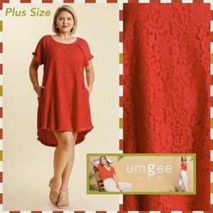 32B - Umgee Linen Blend Lace Dress W/High-Low Fringe Hem